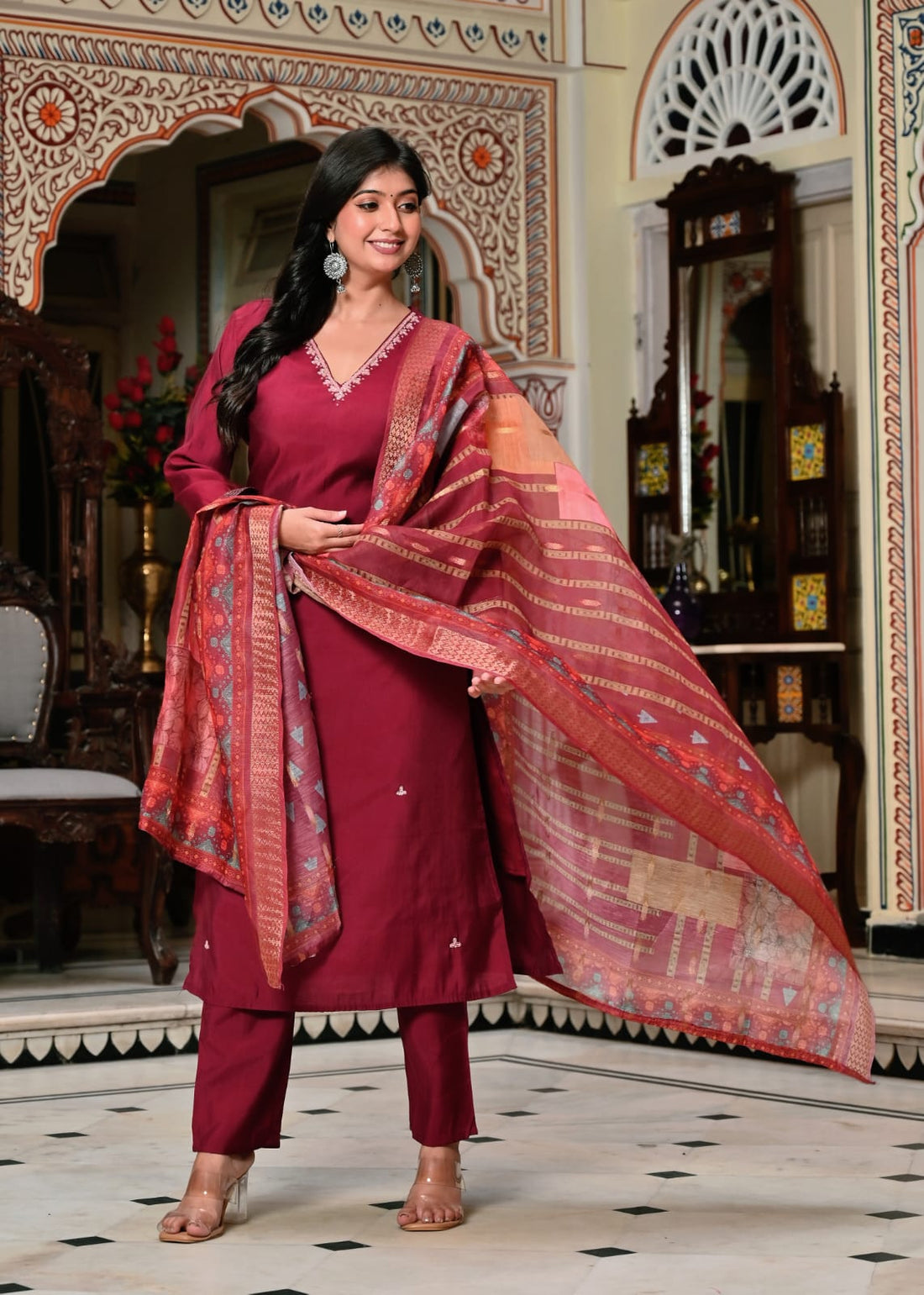 Wine Maroon Silk Blend Suit Set with Woven Dupatta