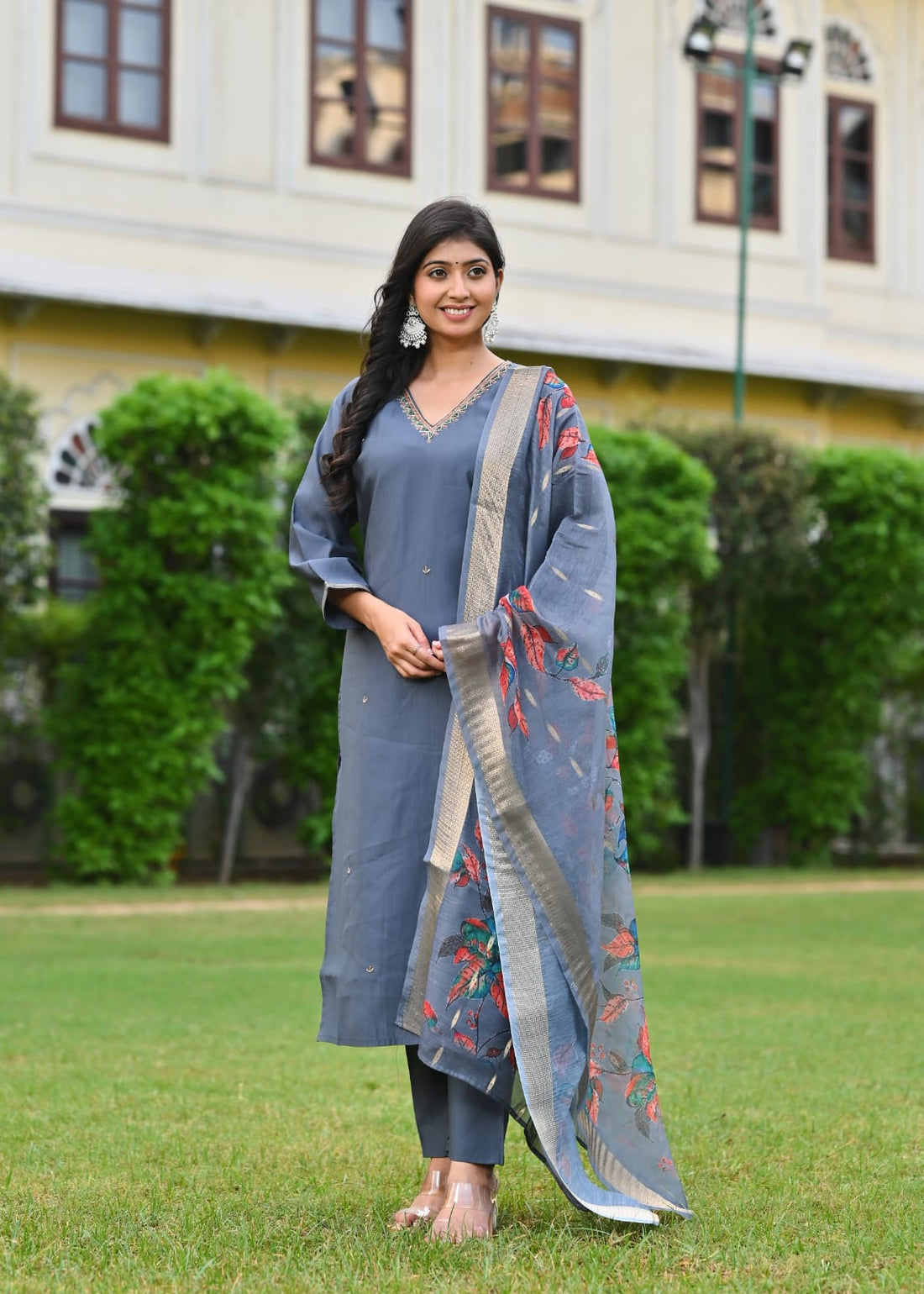 Slate Grey Embroidered Suit Set with Printed Dupatta