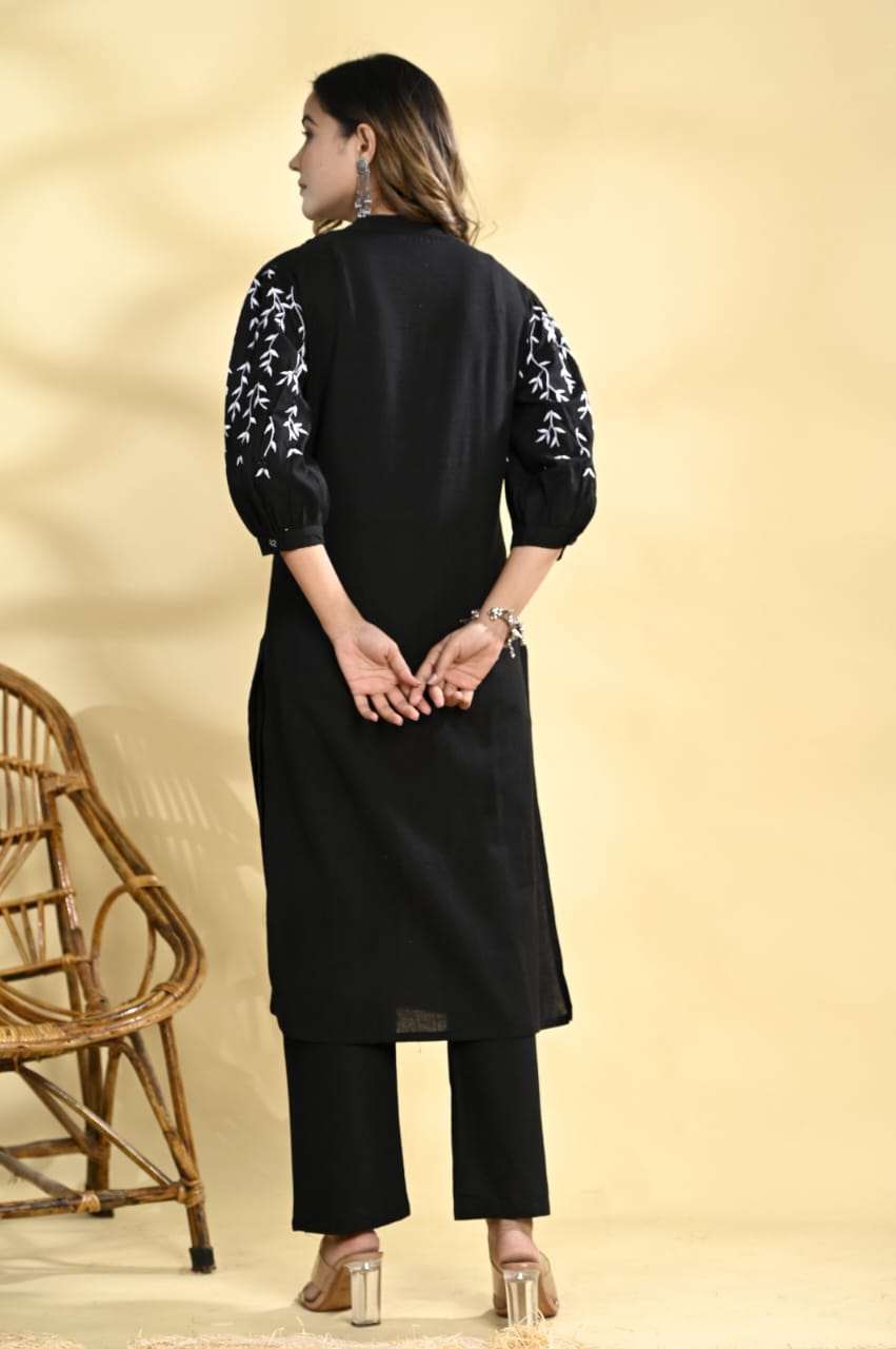 Classic Black Embroidered Cotton Kurta Set