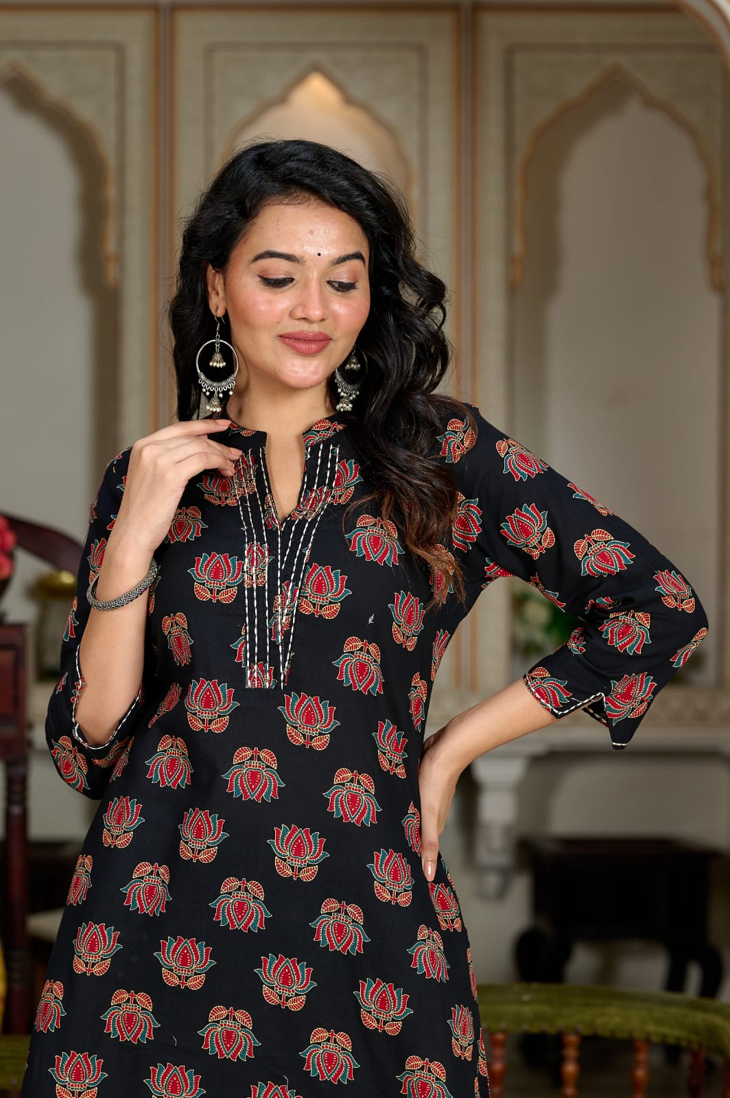 Black Floral Printed Cotton Kurta Set