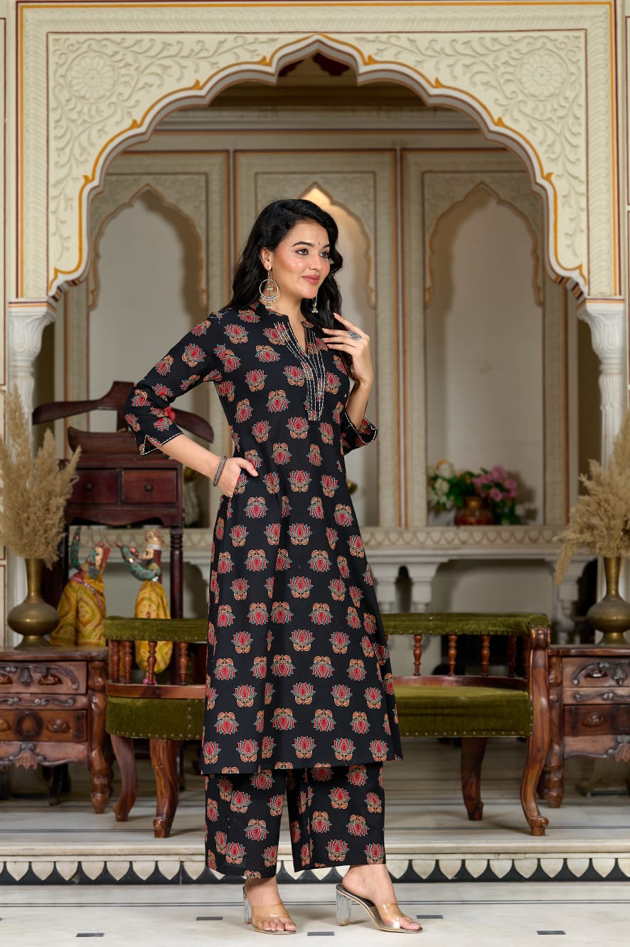 Black Floral Printed Cotton Kurta Set