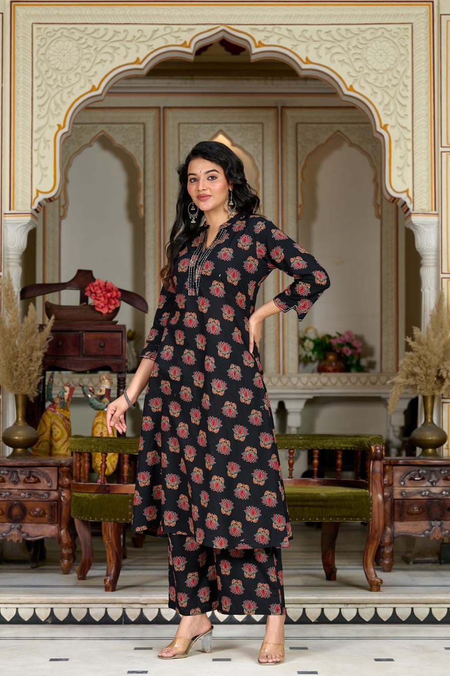 Black Floral Printed Cotton Kurta Set