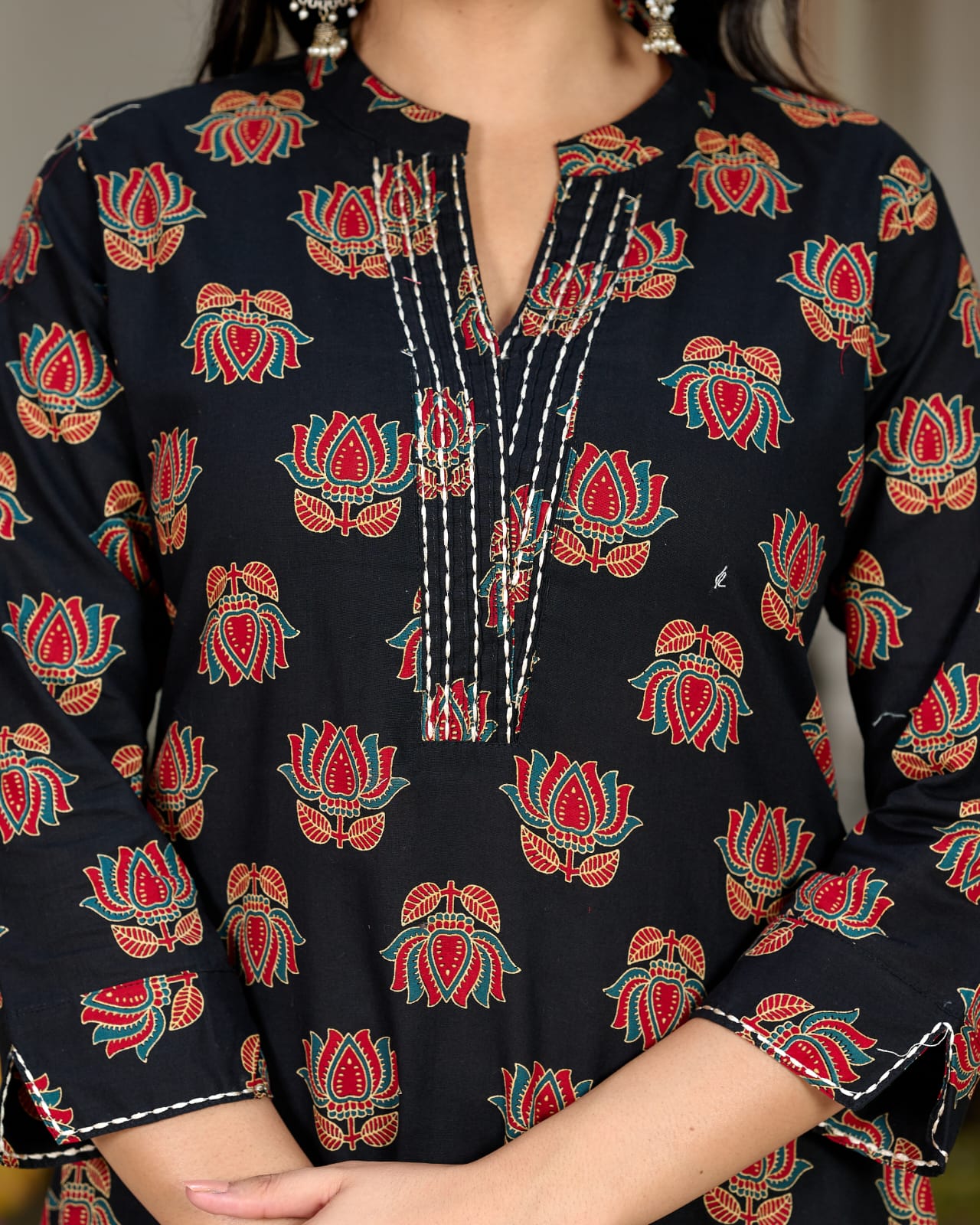 Black Floral Printed Cotton Kurta Set