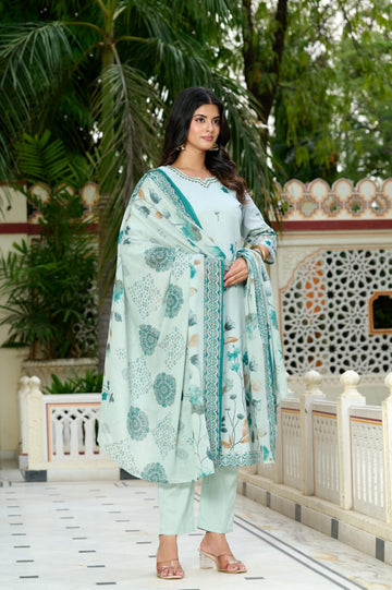 Mint Green Floral Printed Cotton Suit Set