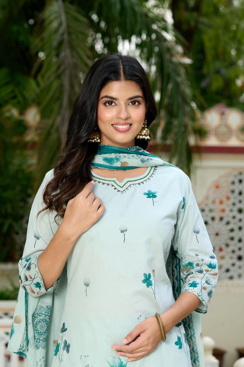 Mint Green Floral Printed Cotton Suit Set