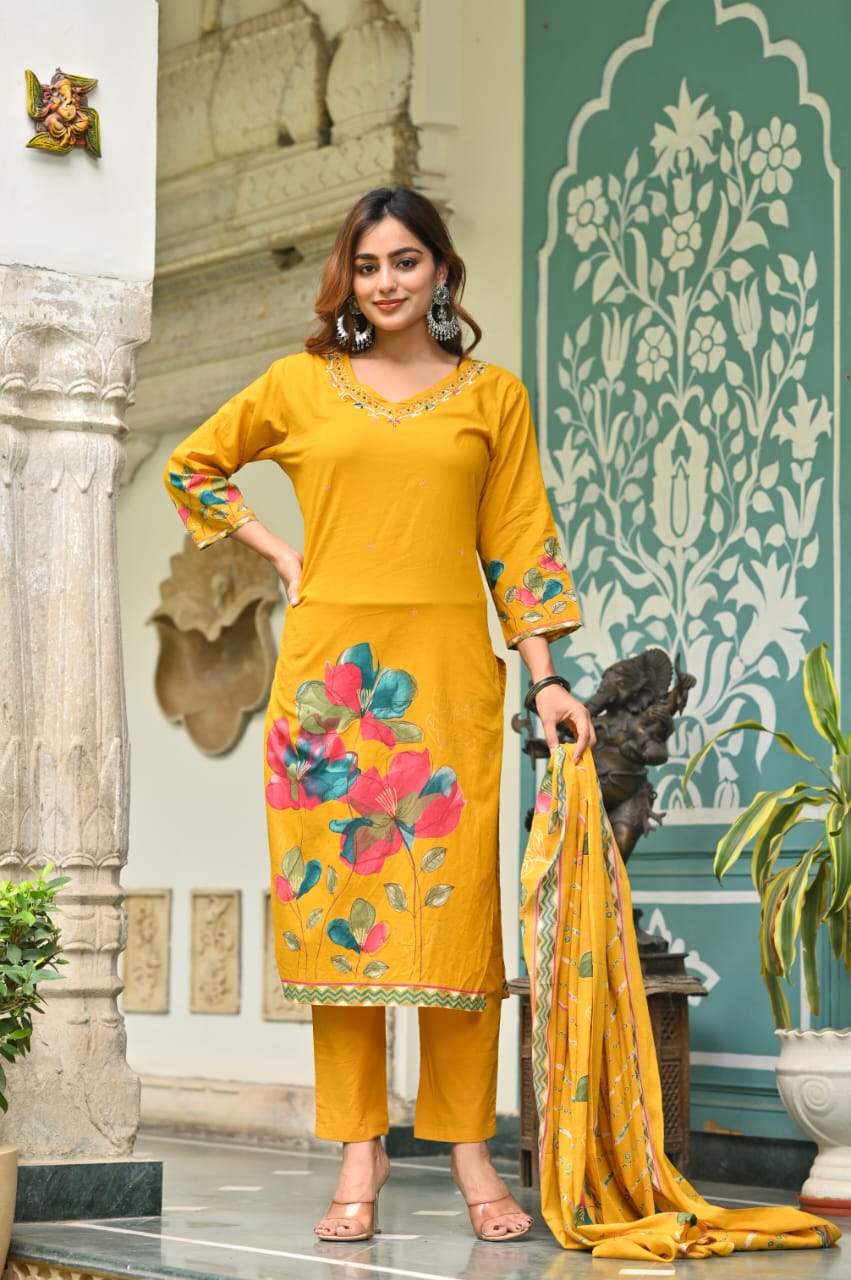 Mustard Yellow Floral Cotton Suit Set