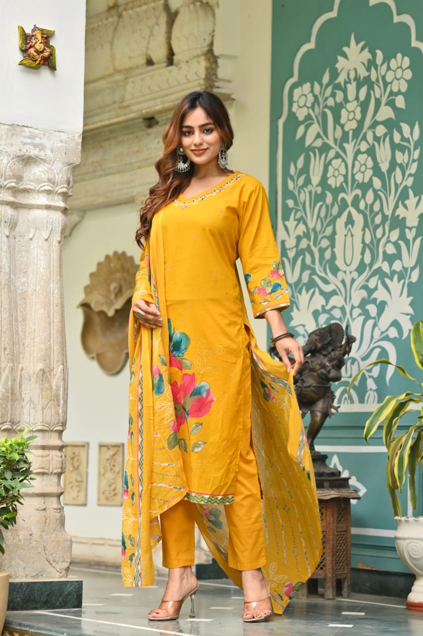 Mustard Yellow Floral Cotton Suit Set