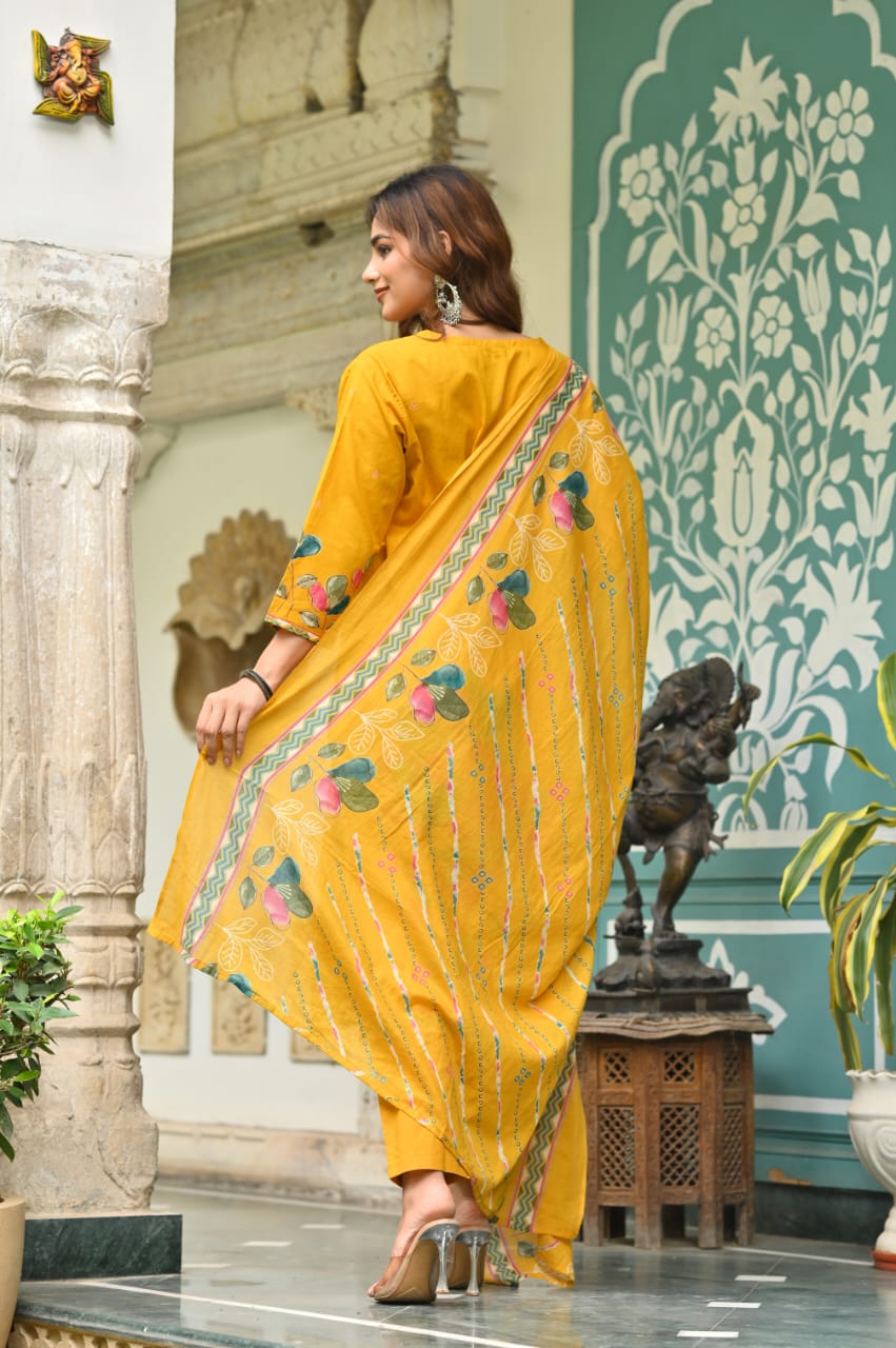 Mustard Yellow Floral Cotton Suit Set