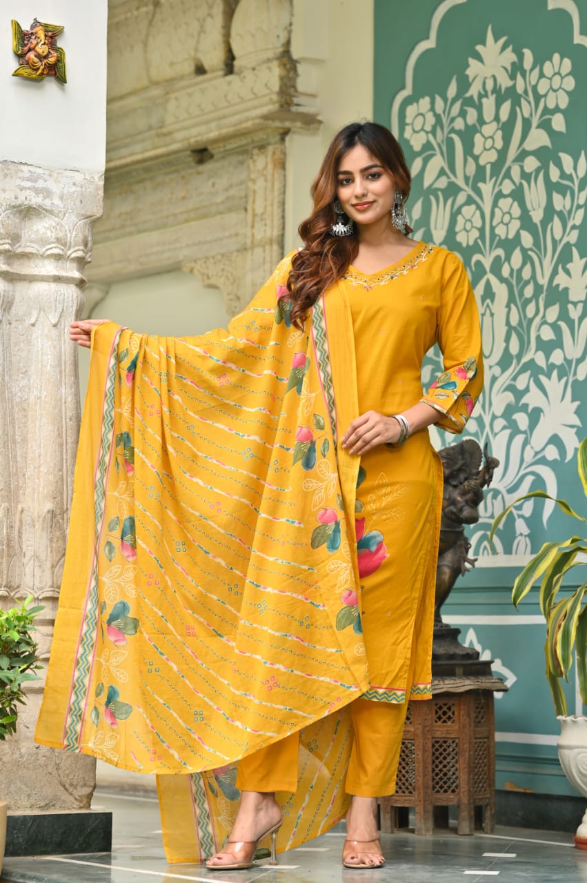 Mustard Yellow Floral Cotton Suit Set