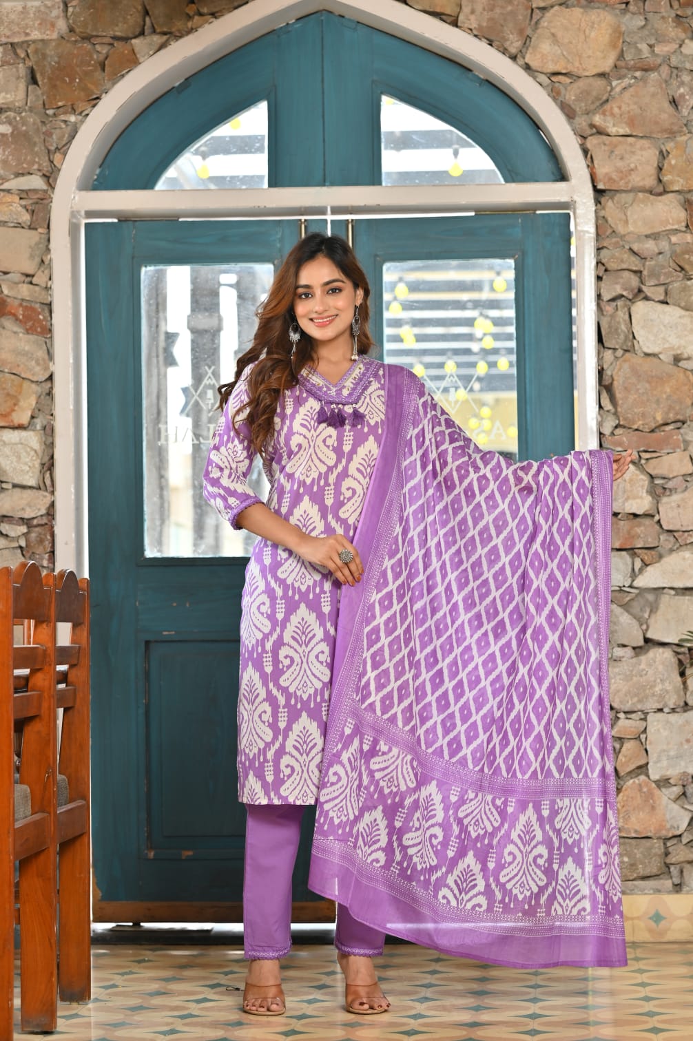 Lavender White Printed Cotton Suit Set
