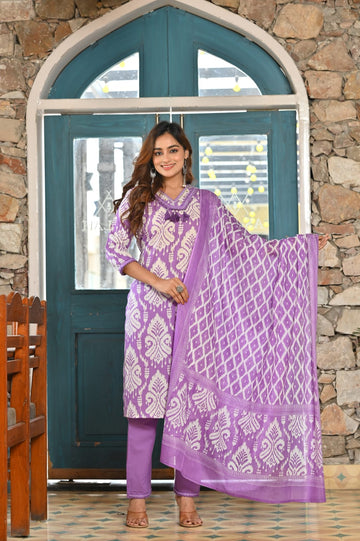 Lavender White Printed Cotton Suit Set