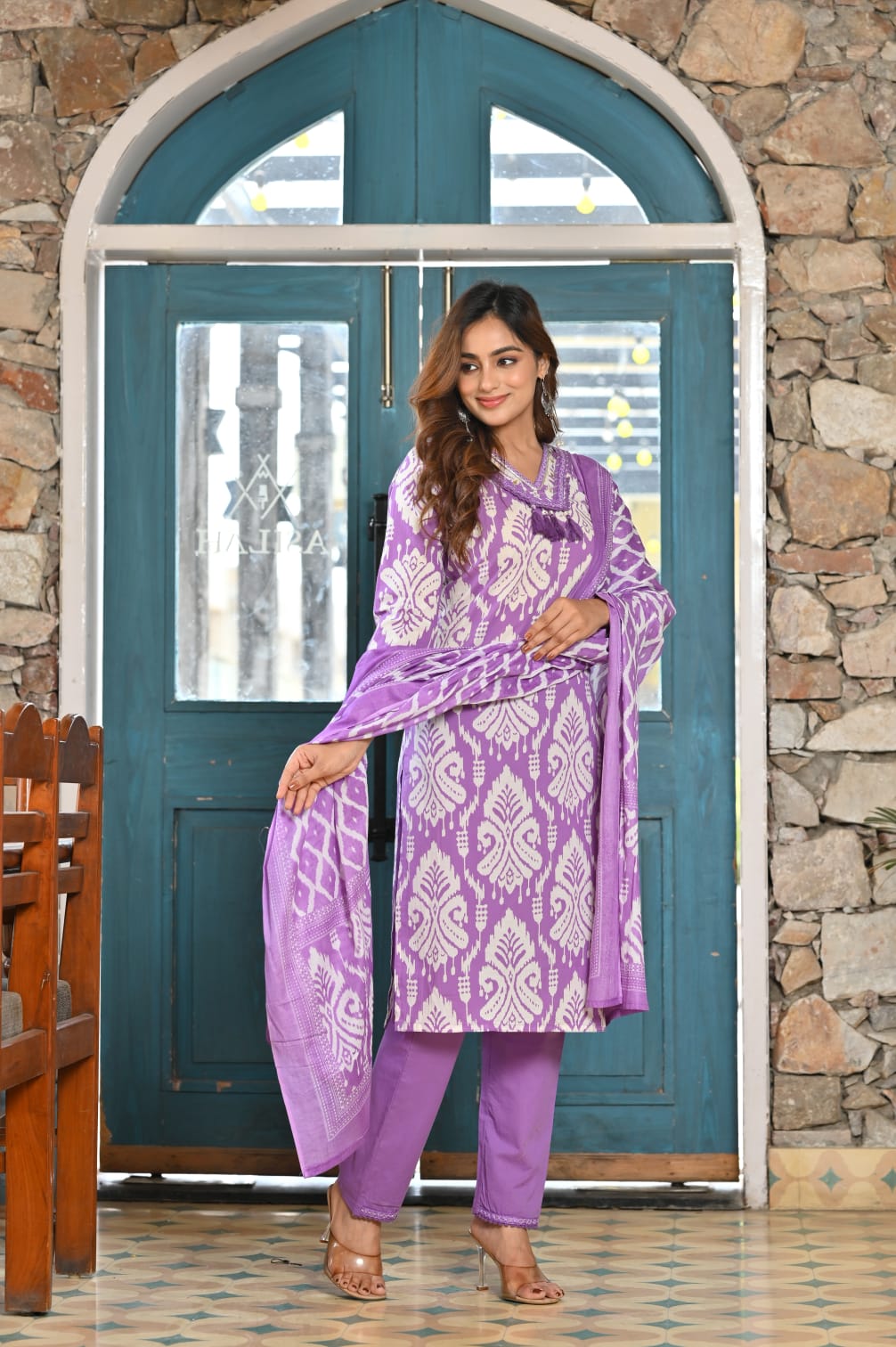 Lavender White Printed Cotton Suit Set