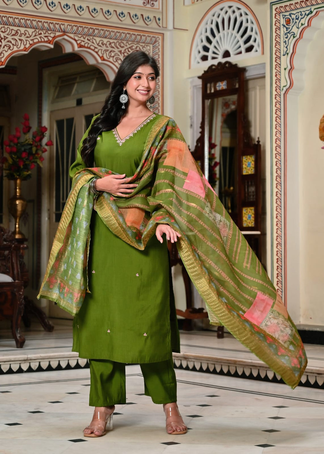 Elegant Olive Green Silk Suit Set